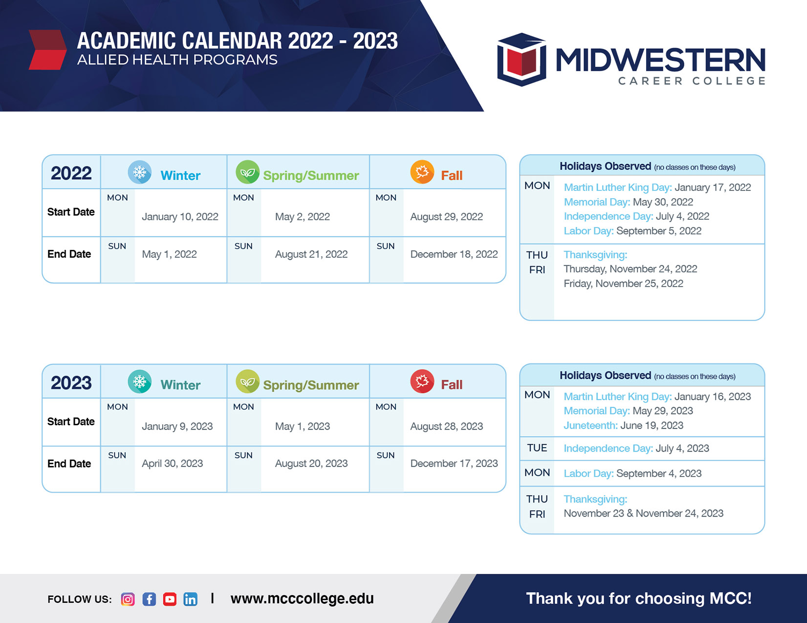 Academic Calendars Midwestern Career College