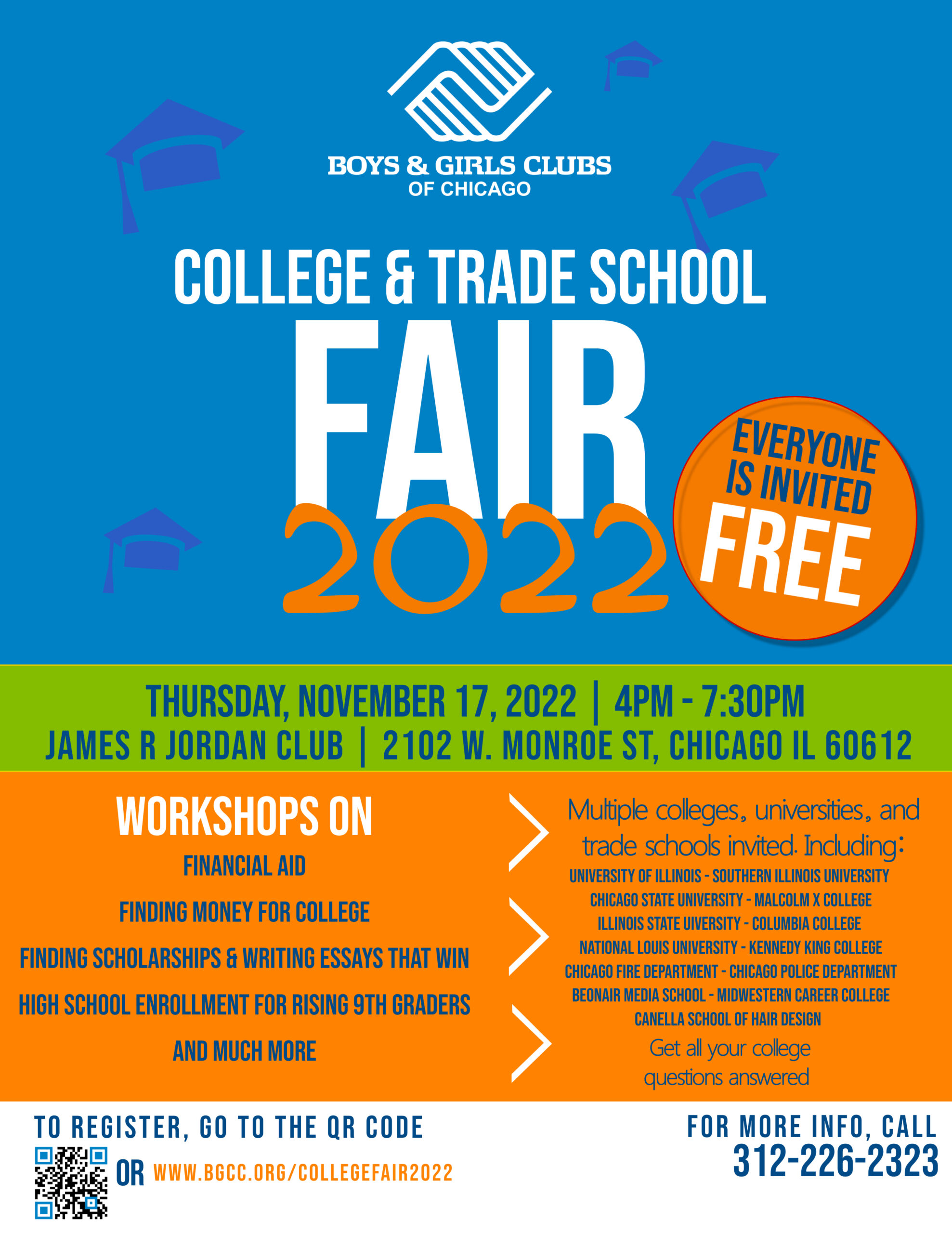 A flyer for the college & trade school fair 2022 including workshops listing.
