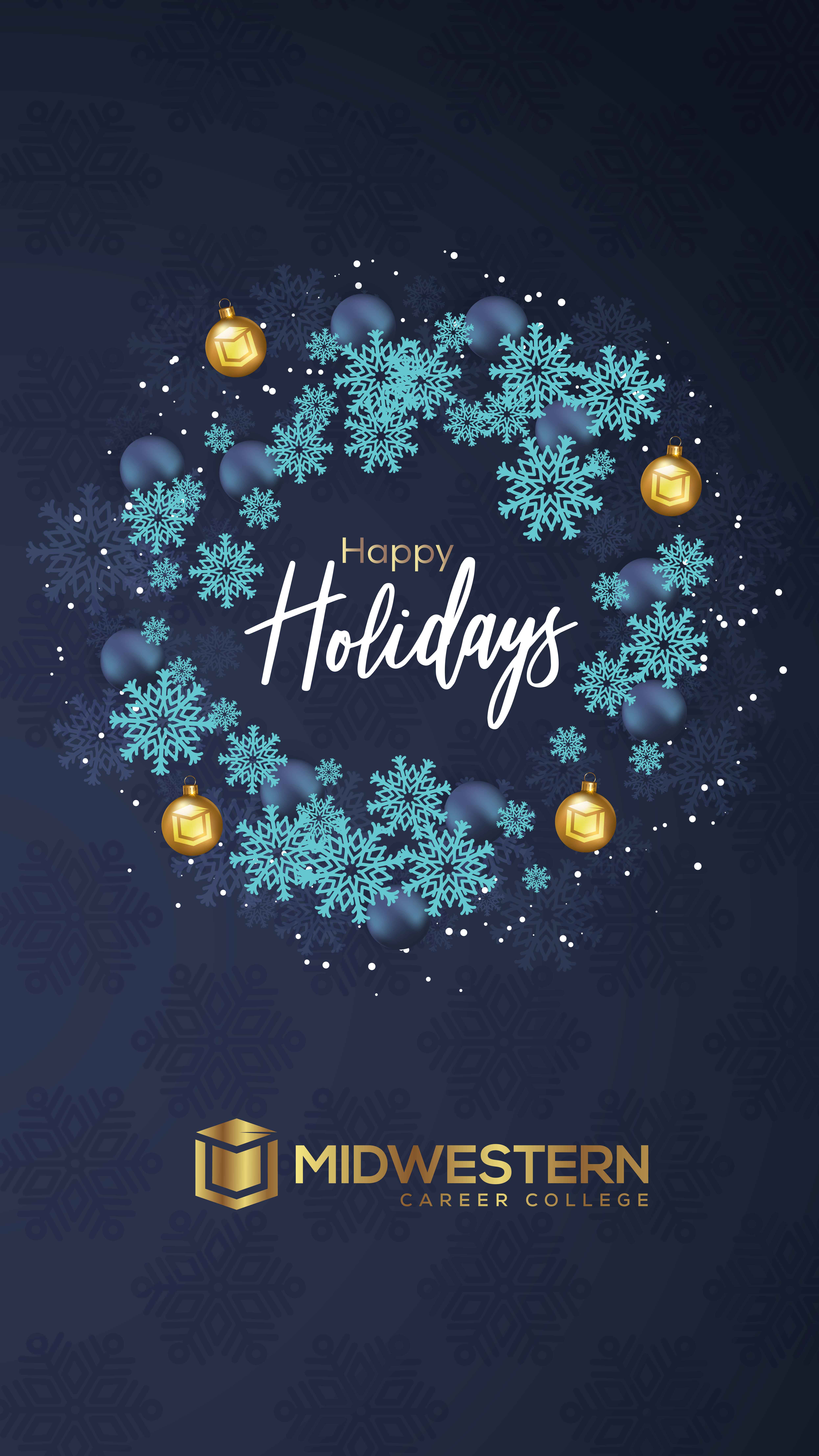 MCC Holiday Wreath on a dark blue background wishing you a very happy holiday