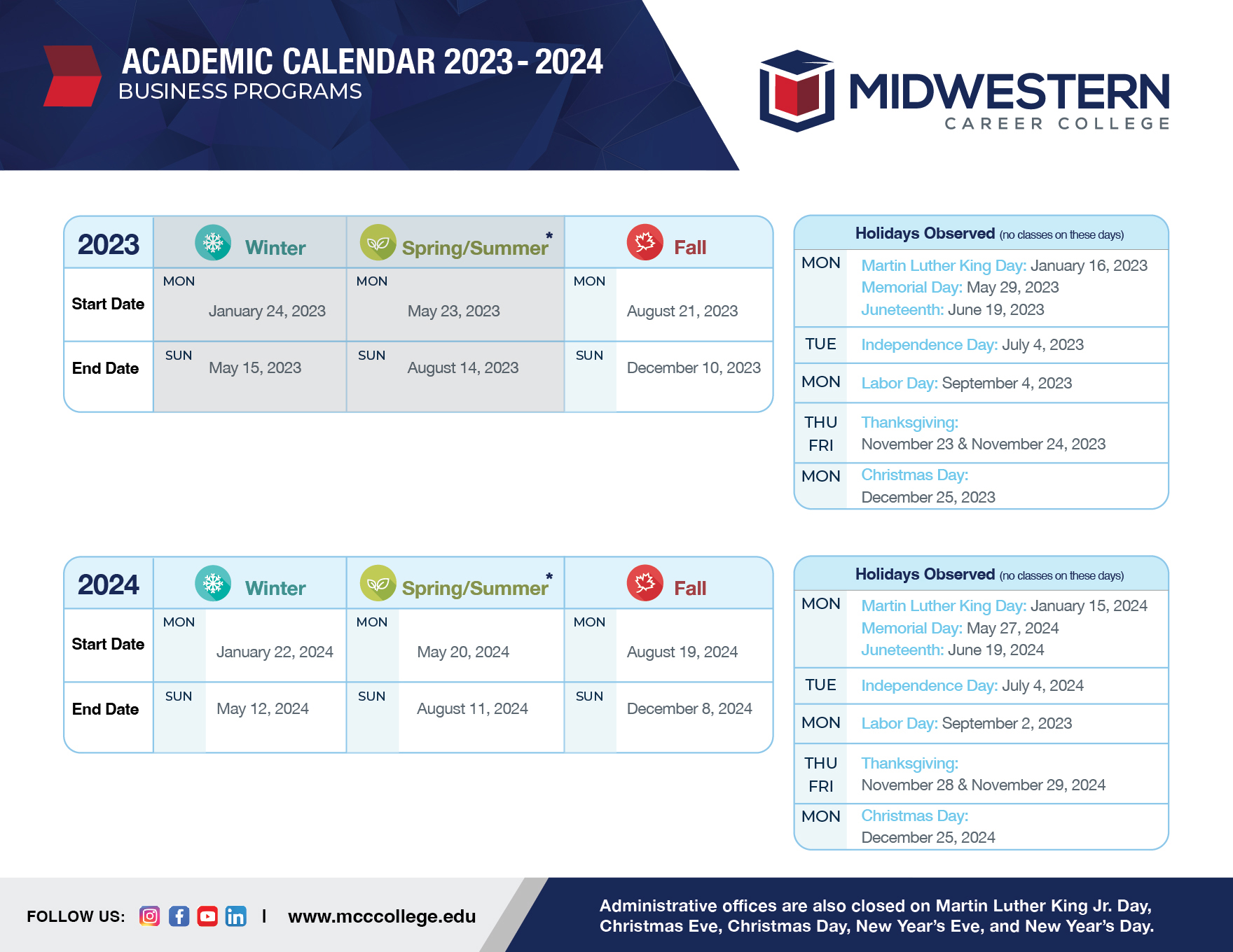 Business, Accounting, Marketing, and IT Academic Calendar for 2024-2025